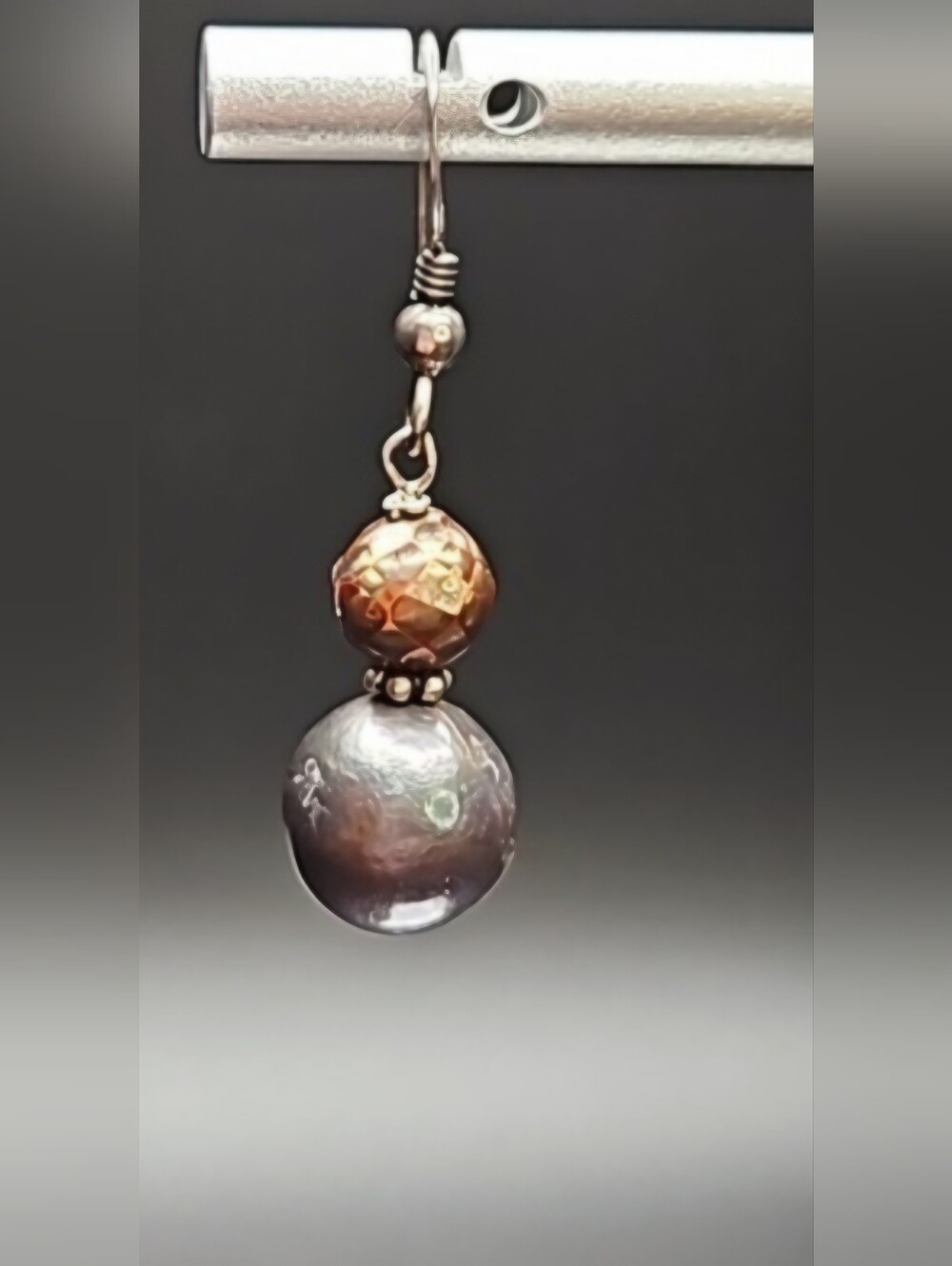 RELISTED Vintage 925 Sterling Silver Faceted Bronze Black Pearl Drop Earrings - Picture 6 of 6